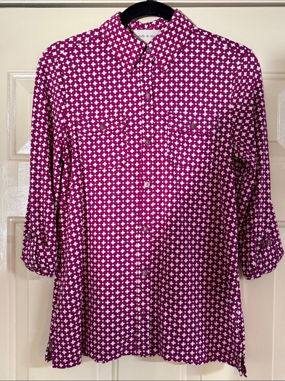 Cloth & Stone Magenta Geometric Roll-Tab Sleeves Button-Up Shirt Size M